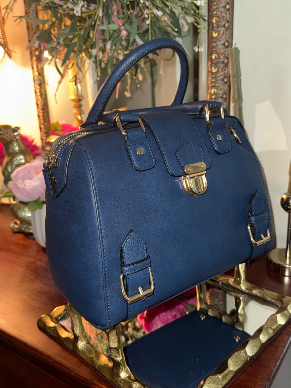 Classic Navy Structured Satchel with strap Handbag - European made